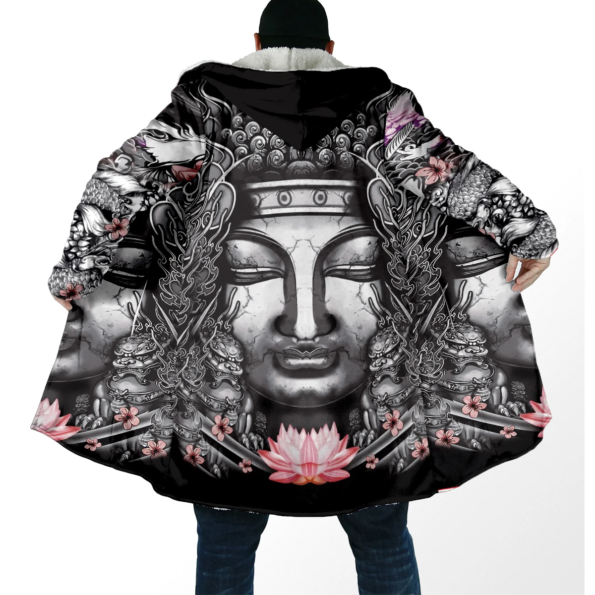 2025 moda de invierno capa de hombre Samurai Oni máscara tatuaje 3D impreso grueso polar con capucha capa Unisex Casual capa cálida DP85 - imagen 4