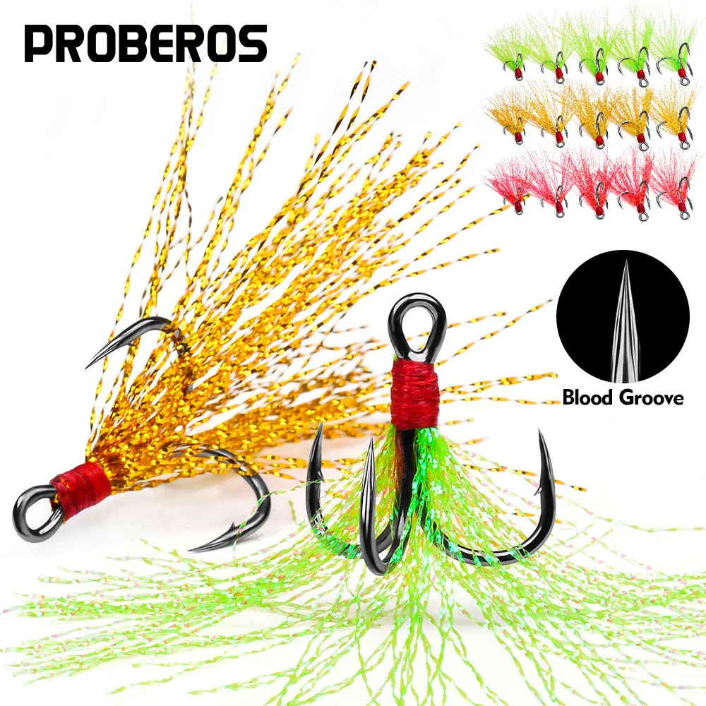 10 Uds. Anzuelo de pesca triple tamaño 2 # 4 # 6 #   Con pluma para pececillos, señuelos de pesca con mosca, Crankbaits, anzuelo afilado anular con púas - imagen 2