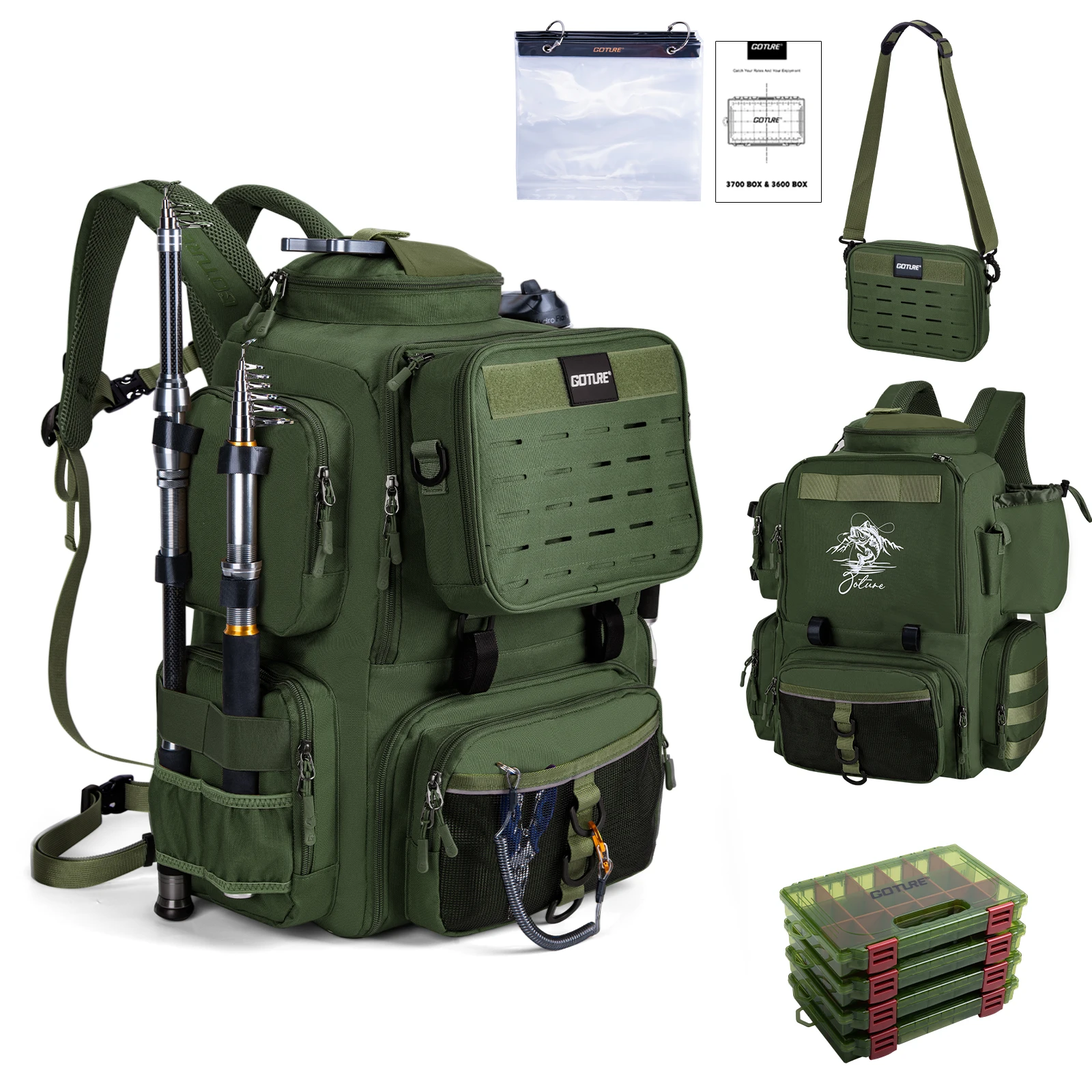 Goture mochila de pesca 900D resistente al agua con portacañas