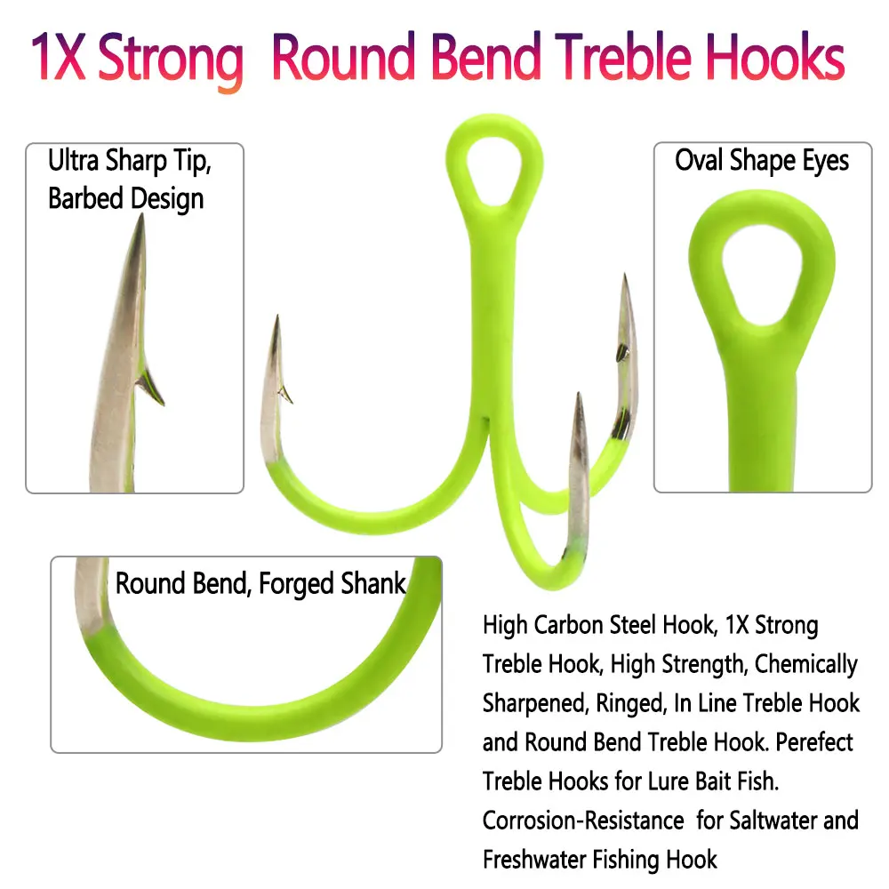 Bimoo, 5 uds., anzuelos triples de acero rico en carbono, anzuelo triple fluorescente/luminoso, Señuelos de Pesca de agua dulce y salada, cebo de pesca - imagen 3