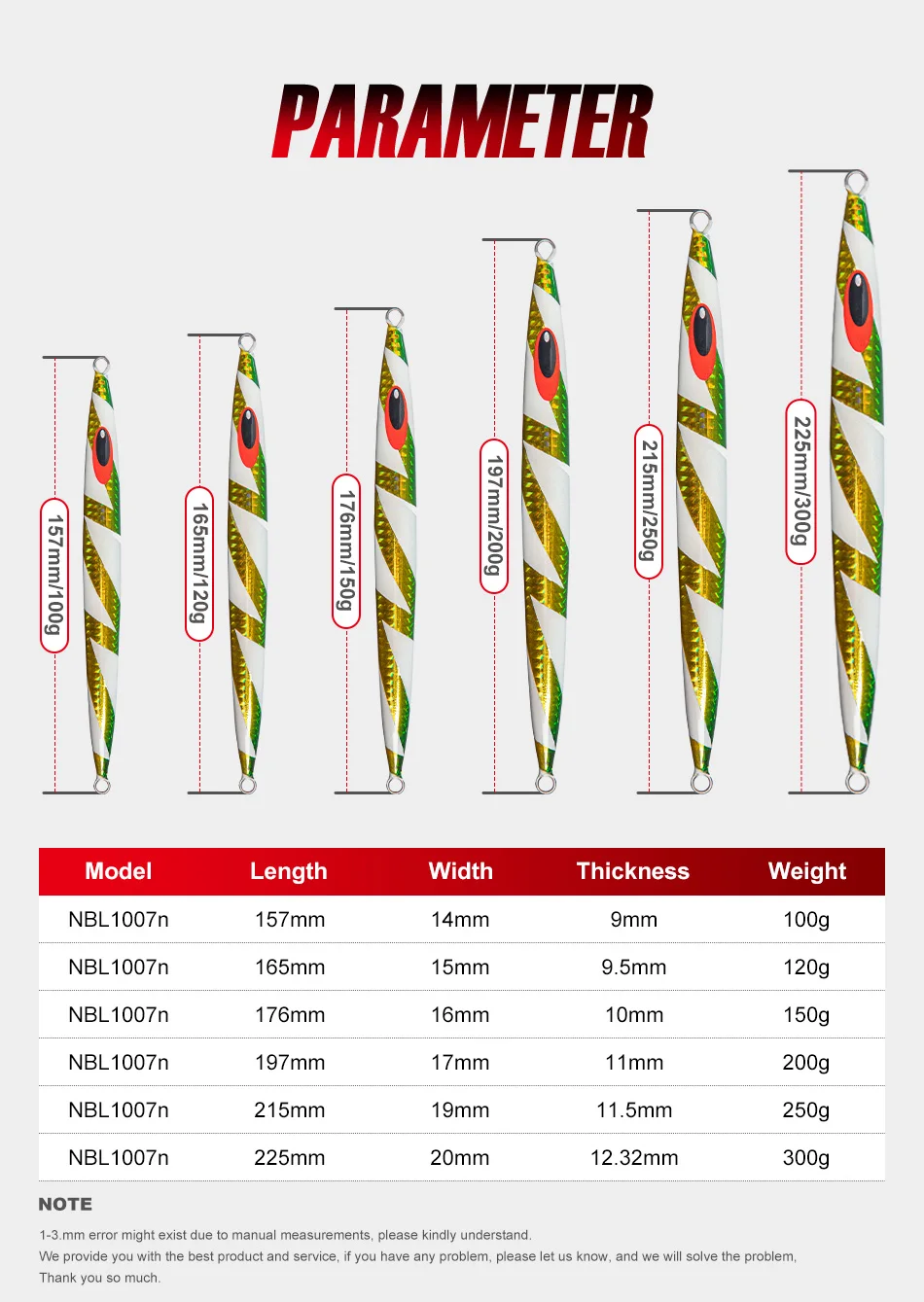 Descubra el señuelo de pesca perfecto con nuestra gama de modelos NBL 1007N disponibles en varias longitudes, anchos y pesos para satisfacer sus necesidades