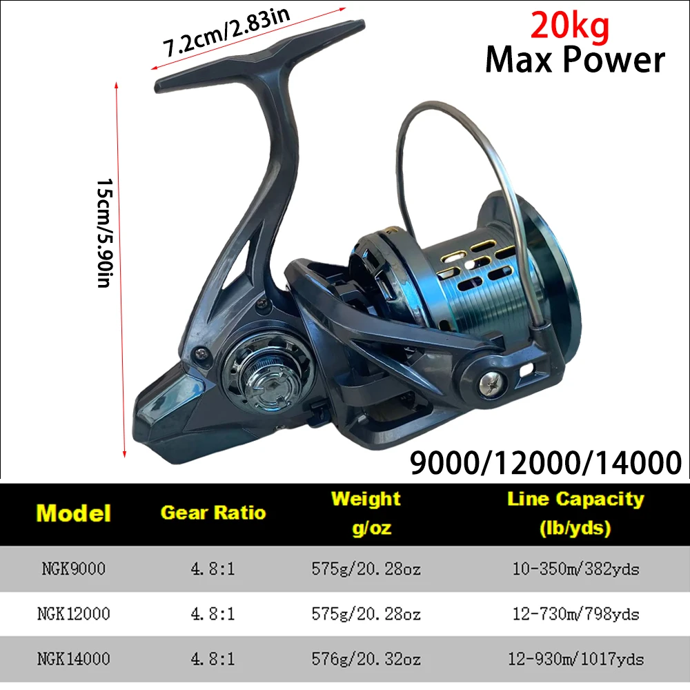 Carrete de pesca Spinnig de larga distancia, serie 8000 9000 10000 12000 14000, equipo de pesca de barco de arrastre máximo de 20KG para gran juego, pez, carpa, Lucio - imagen 4
