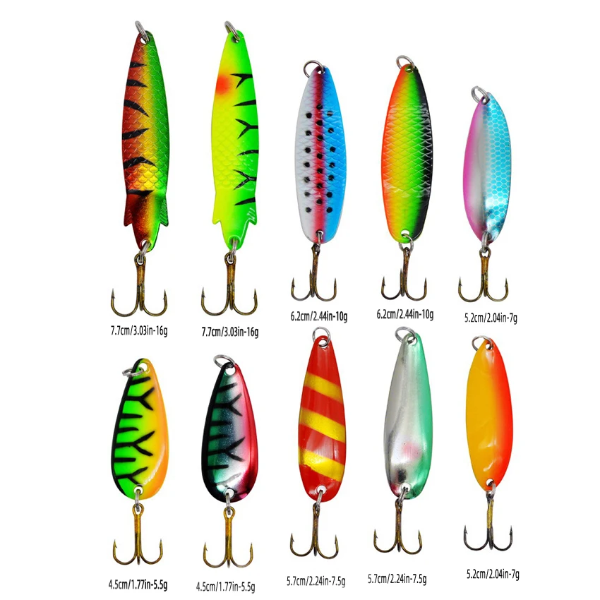 10 unids/caja cucharas de pesca cebo duro para Lucio trucha cuchara giratoria de Metal señuelo mezcla de colores con anzuelos triples juego de señuelos artificiales - imagen 2