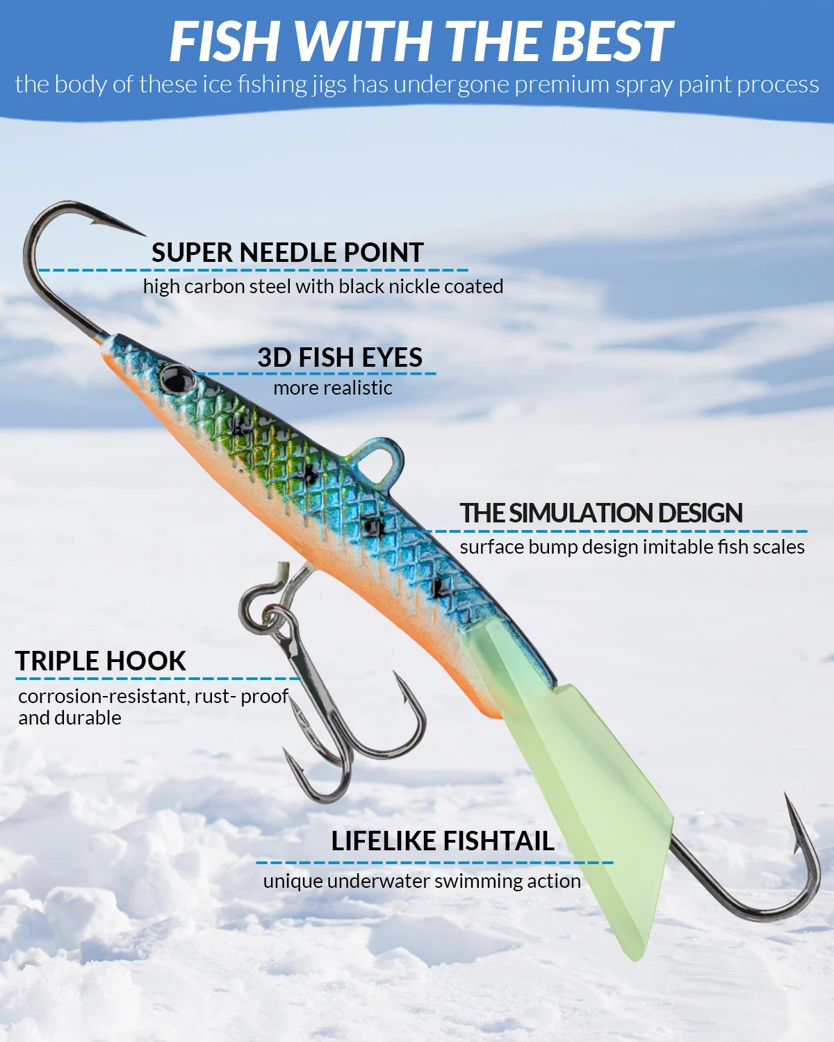 Señuelos duros de pesca en hielo, Kit de anzuelos de 14 piezas, ojos 3d simulados, cabezas de Jigs brillantes de invierno, juego de cebos, aparejos de pesca en hielo - imagen 4