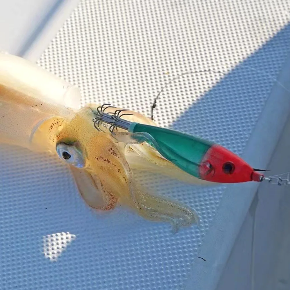 Nuevo Eging calamar Jigging ganchos de madera para camarones 10cm 10g pesca de agua salada Striper cebo Artificial luminoso pulpo sepia señuelos - imagen 5