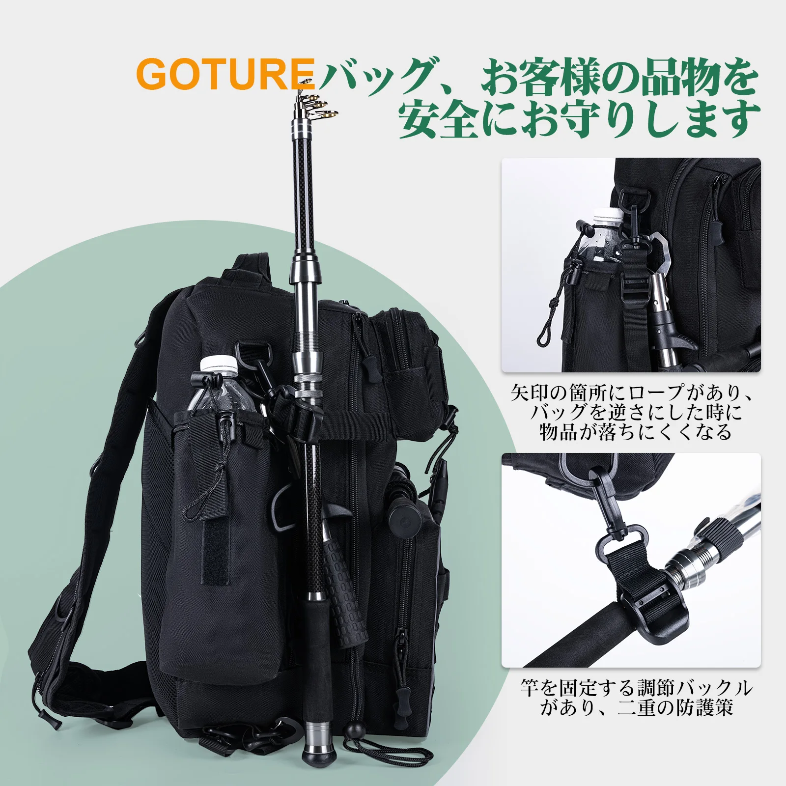 Goture-mochila de equipo de pesca, 43cm × 30cm × 21,5cm, grande, impermeable, diseño multibolsillo, juego de varillas y ruedas, equipo multifuncional