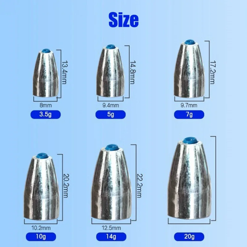 10 unids/lote de plomos de pesca con forma de bala, plomos de aleación de 6 tamaños para anzuelo de manivela, aparejos de pesca, accesorios de cebo Texas Rig - imagen 4