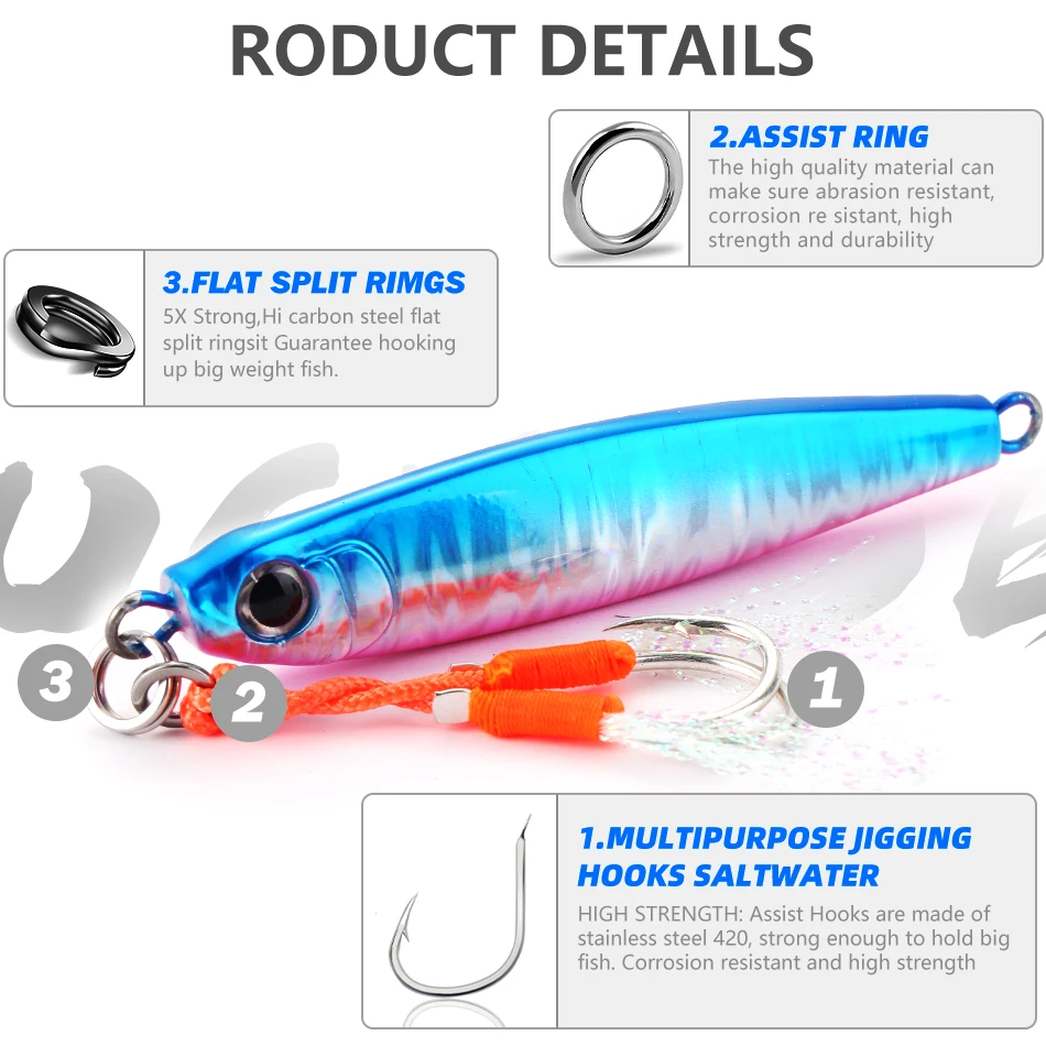 MOOKZZ-señuelo de pesca Jigging de Metal, aparejo de cebo Artificial, Jigging de fundición a tierra, Jigging de lubina, 40G, 60G, 80G - imagen 5