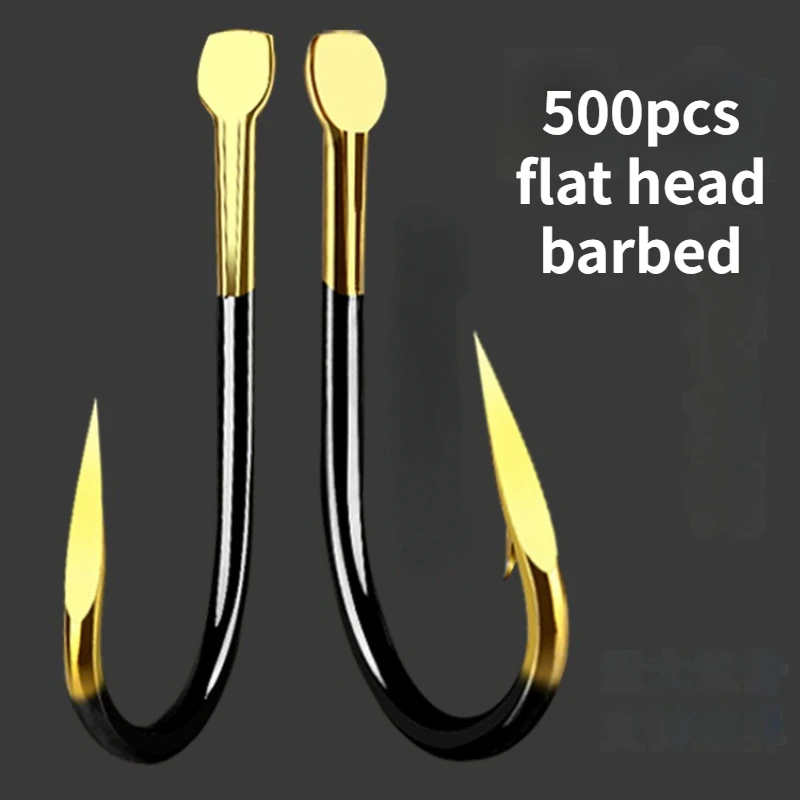 Iseni-anzuelos de pesca pequeños de 500 piezas, anzuelos de cabeza plana sin ojo, coloridos, dorados y negros, triangulares, con púa, a granel - imagen 3