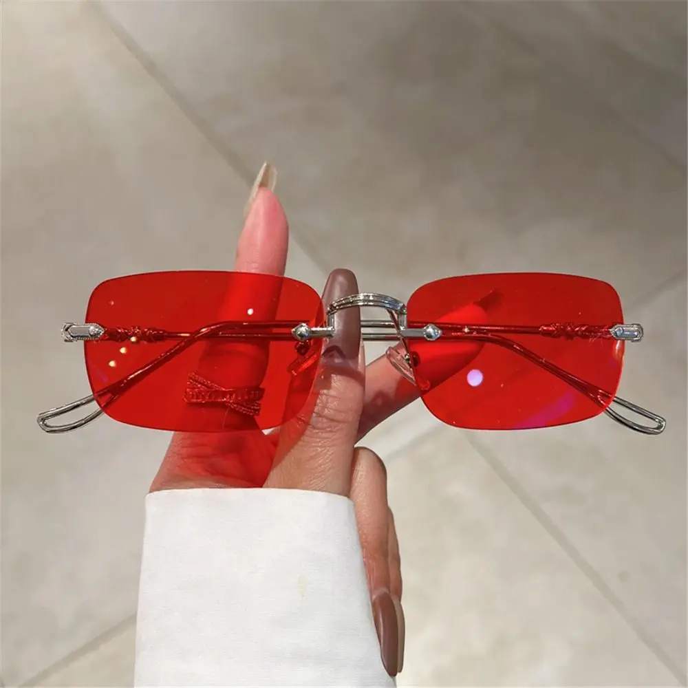 Gafas de sol rectangulares sin montura para hombre y mujer, lentes de sol con diseño de marca Vintage, lentes oceánicas, Gafas de Metal UV400 - imagen 2