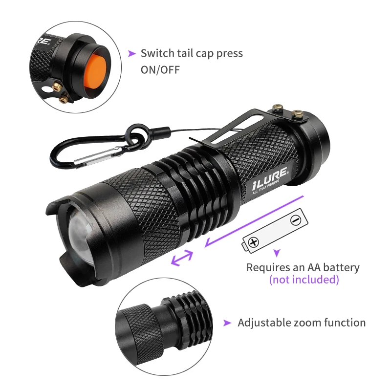 ILURE-linterna UV LED ultravioleta con zoom, Mini luces ultravioletas de 395nm, señuelo de pesca, plantillas de calamar, herramientas de luz de relleno - imagen 3