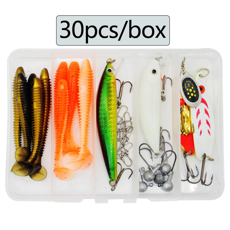 Kit de señuelos con vinilos, cucharillas y crankbait para depredadores