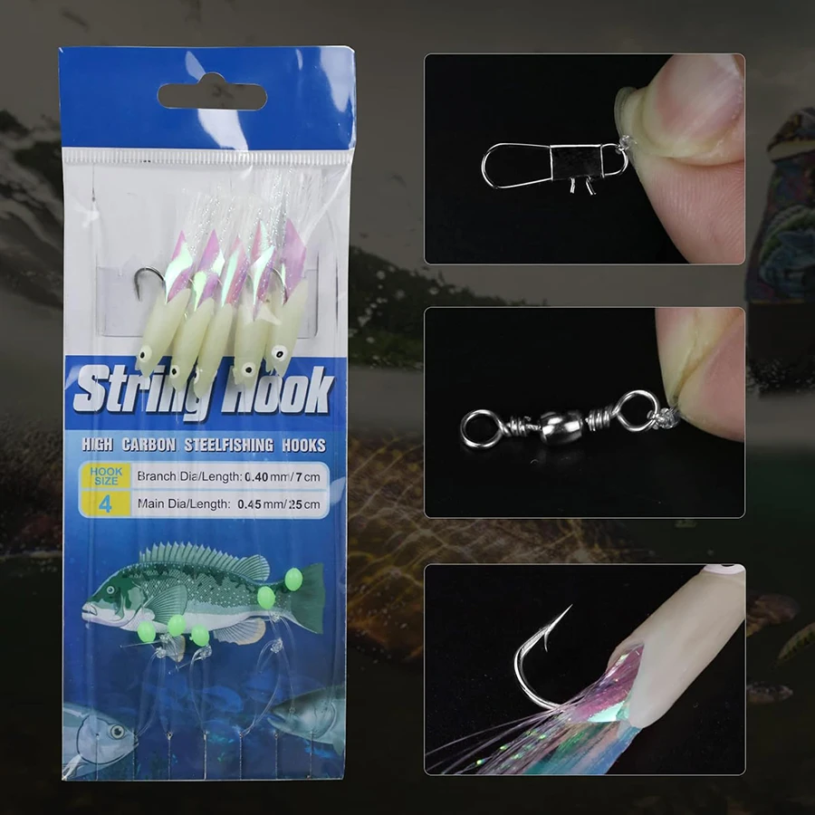 Plataformas Sabiki, 3 paquetes de Señuelos de Pesca de agua salada, aparejos de cebo, 5 anzuelos, cuerda de piel de pescado Real, gancho, caballa que brilla en la oscuridad, aparejos Flash - imagen 3