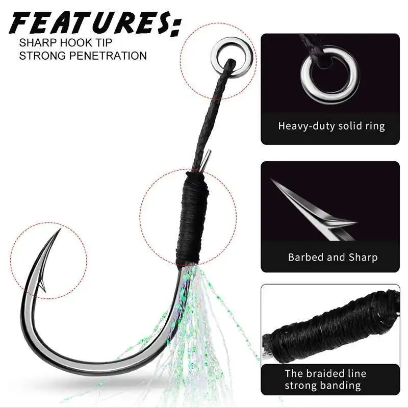 10 unids/bolsa anzuelos de plumas de pesca de mar anzuelo de Jigging anzuelos de ayuda de cola de plantilla de Metal anzuelos de pesca señuelo pesca de lubina 11-19 # HOOKS - imagen 2