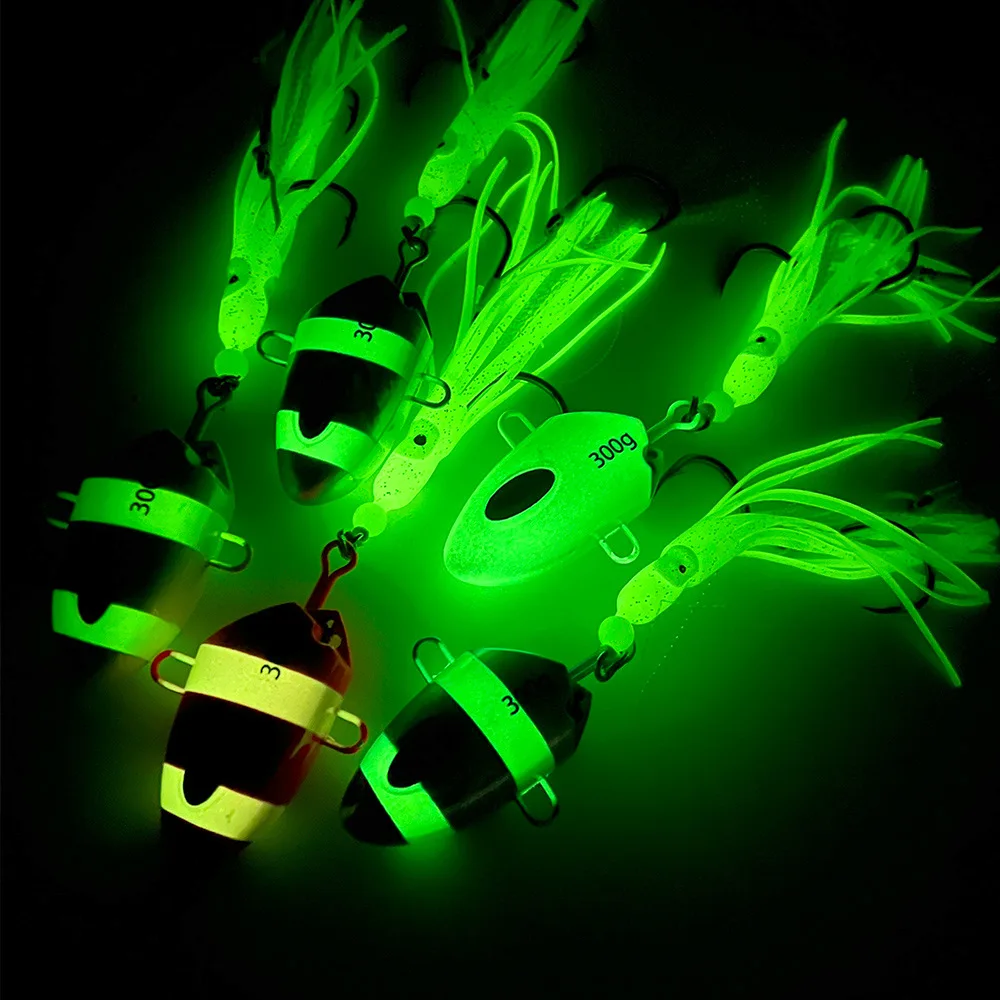 Señuelo de pesca con plantilla, pesas de 100g-300g, cabeza de cebo que se hunde de Metal, cebo con faldas de goma, anzuelo doble, aparejos luminosos de Jigging, 1 ud. - imagen 3