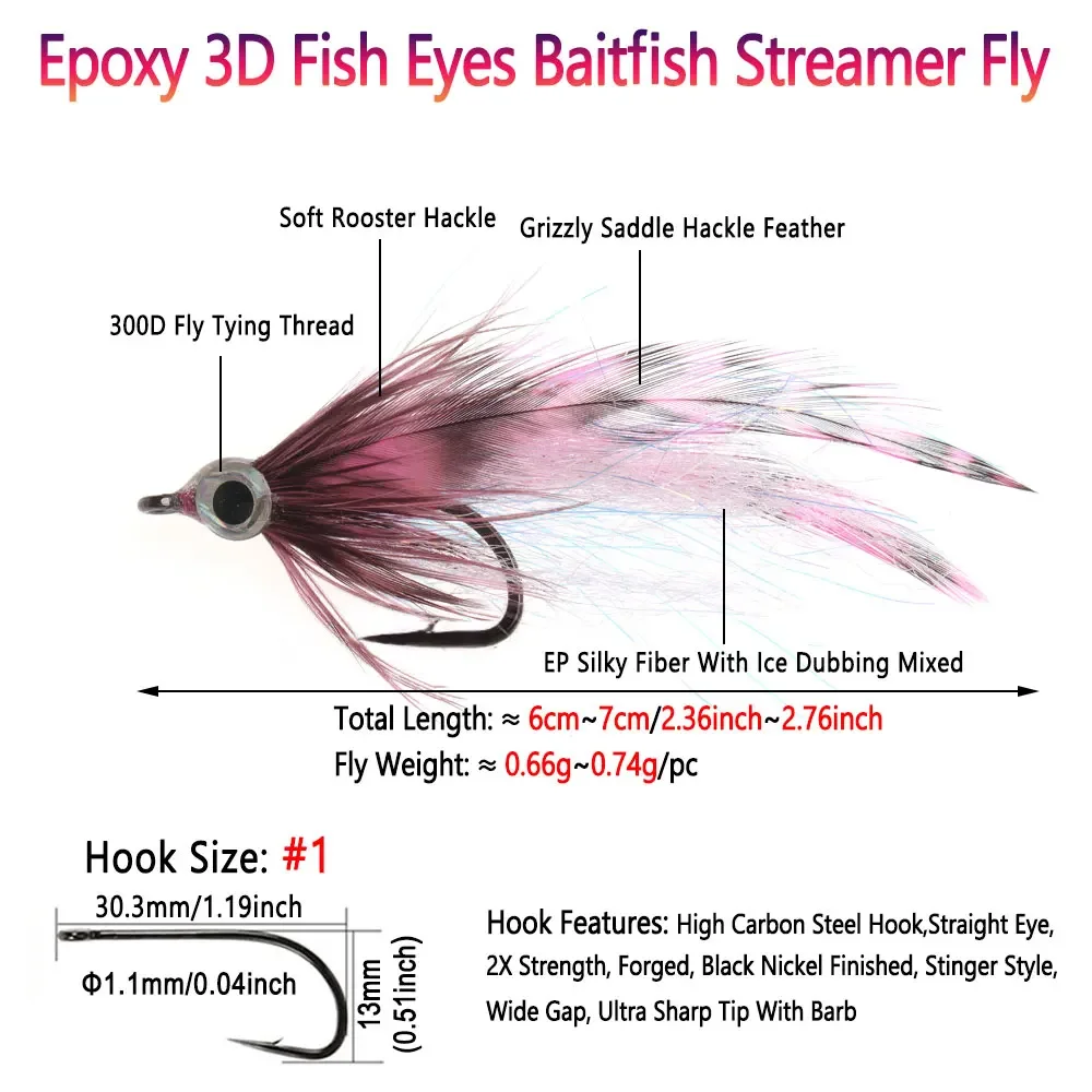 Bimoo # 1 epoxi 3D ojos de pez Baitfish Streamer mosca Grizzly sillín Hackle Minnow Fly Pike trucha lubina Steelhead Señuelos de pesca de mar - imagen 2