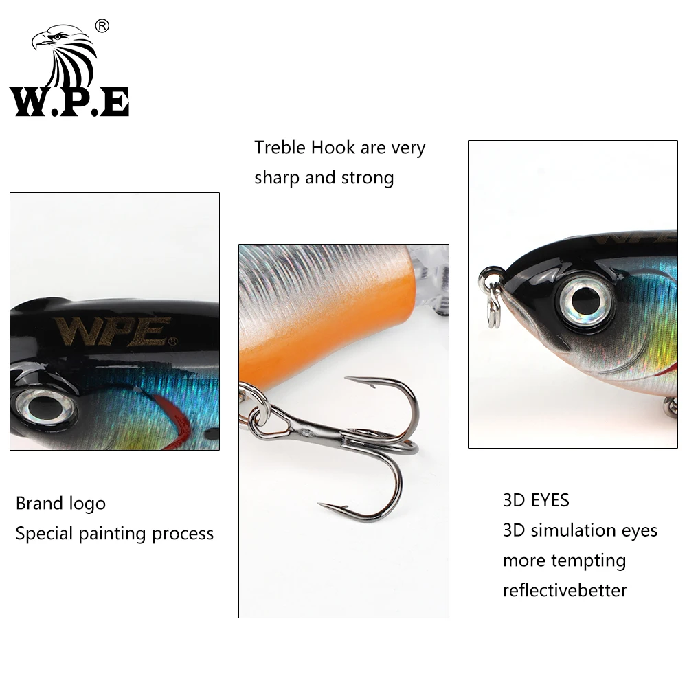 W.P.E-señuelo de pesca de piezas, señuelo flotante de 85mm y 15g, Swimbait de superficie, duro, cola giratoria con anzuelo triple afilado, aparejos de pesca - imagen 4