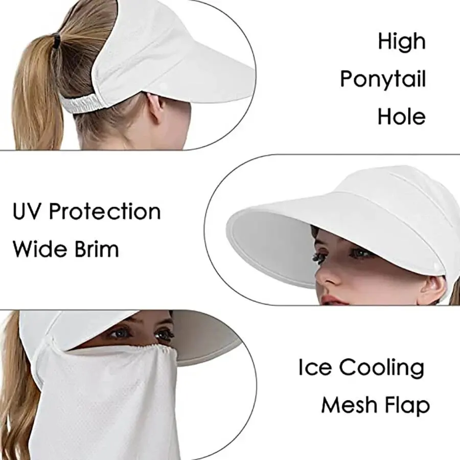 Sombreros de sol para mujer visera de protección UV de ala ancha UPF 50+ sombreros de pesca cola de caballo plegable sombrero de verano con solapa desmontable - imagen 3