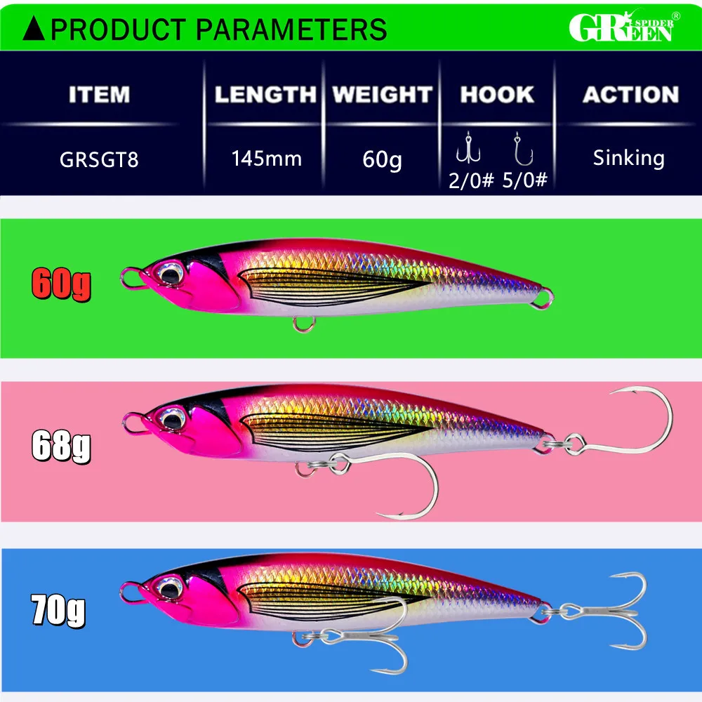 GREENSPIDER-señuelo de pesca de lápiz Stickbait, Wobblers de hundimiento, cebo duro Artificial de fundición larga para atún GT, 145mm, 60g - imagen 4