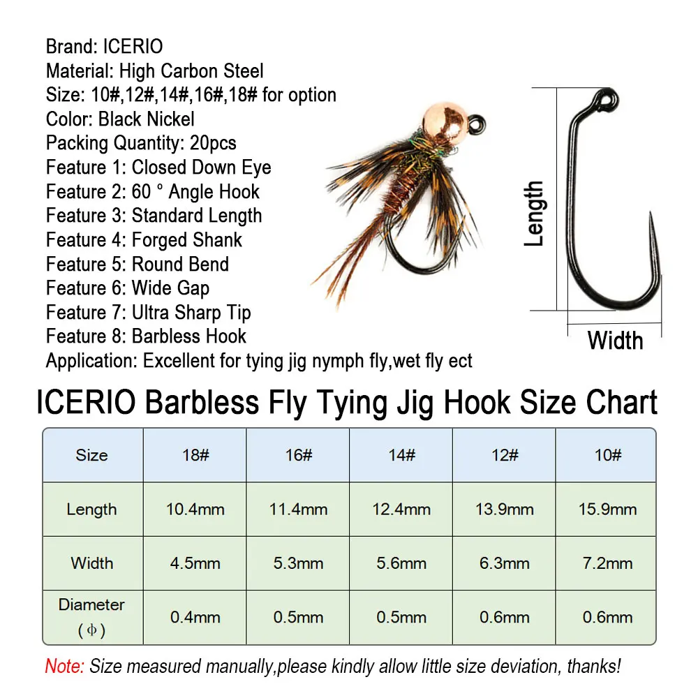 ICERIO 20 piezas 10 #   12 #   14 #   16 #   18 #   Anzuelo de anzuelo para atar moscas sin púas, ángulo de 60 grados, para atar plantilla, ninfa, mosca húmeda, trucha, Señuelos de Pesca