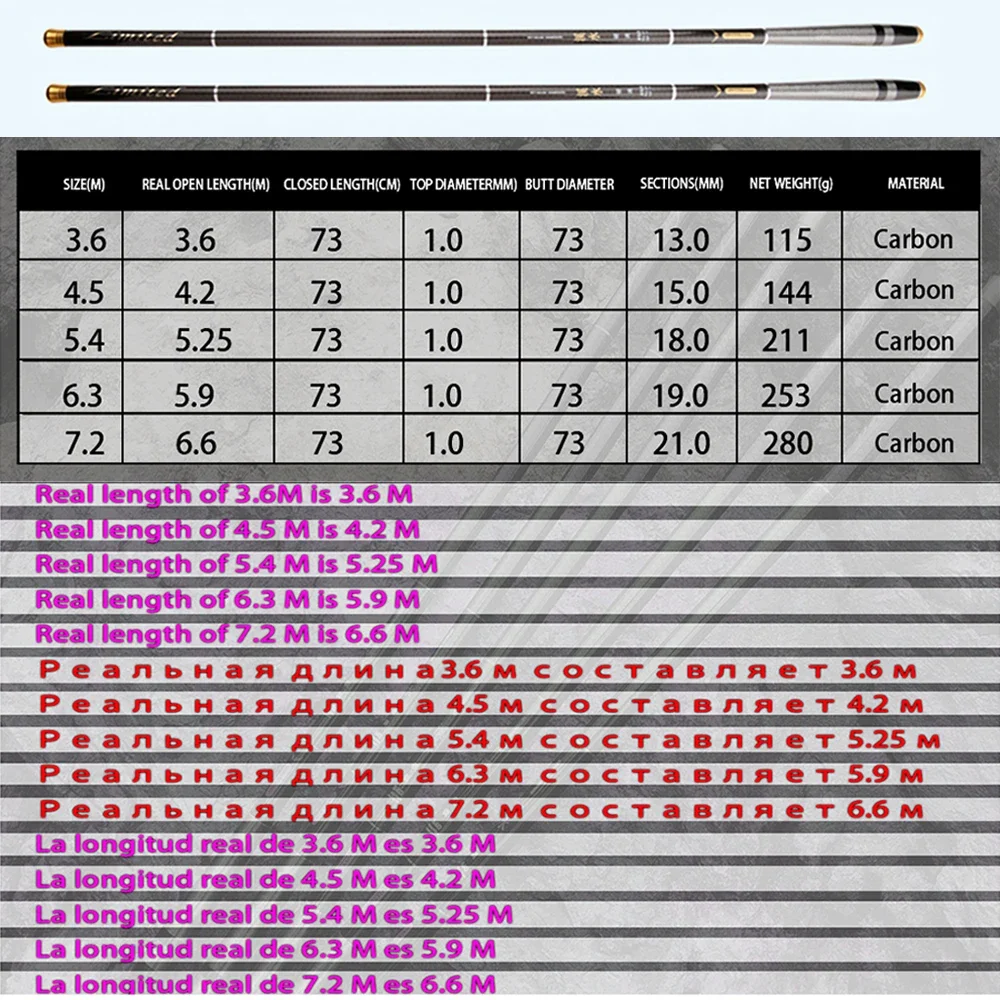 Caña de pescar telescópica de agua dulce, 3,6 M-7,2 M, poste de mano para lago, alimentador de carpa, aparejos de pesca portátiles, cañas de viaje de agua dulce - imagen 5