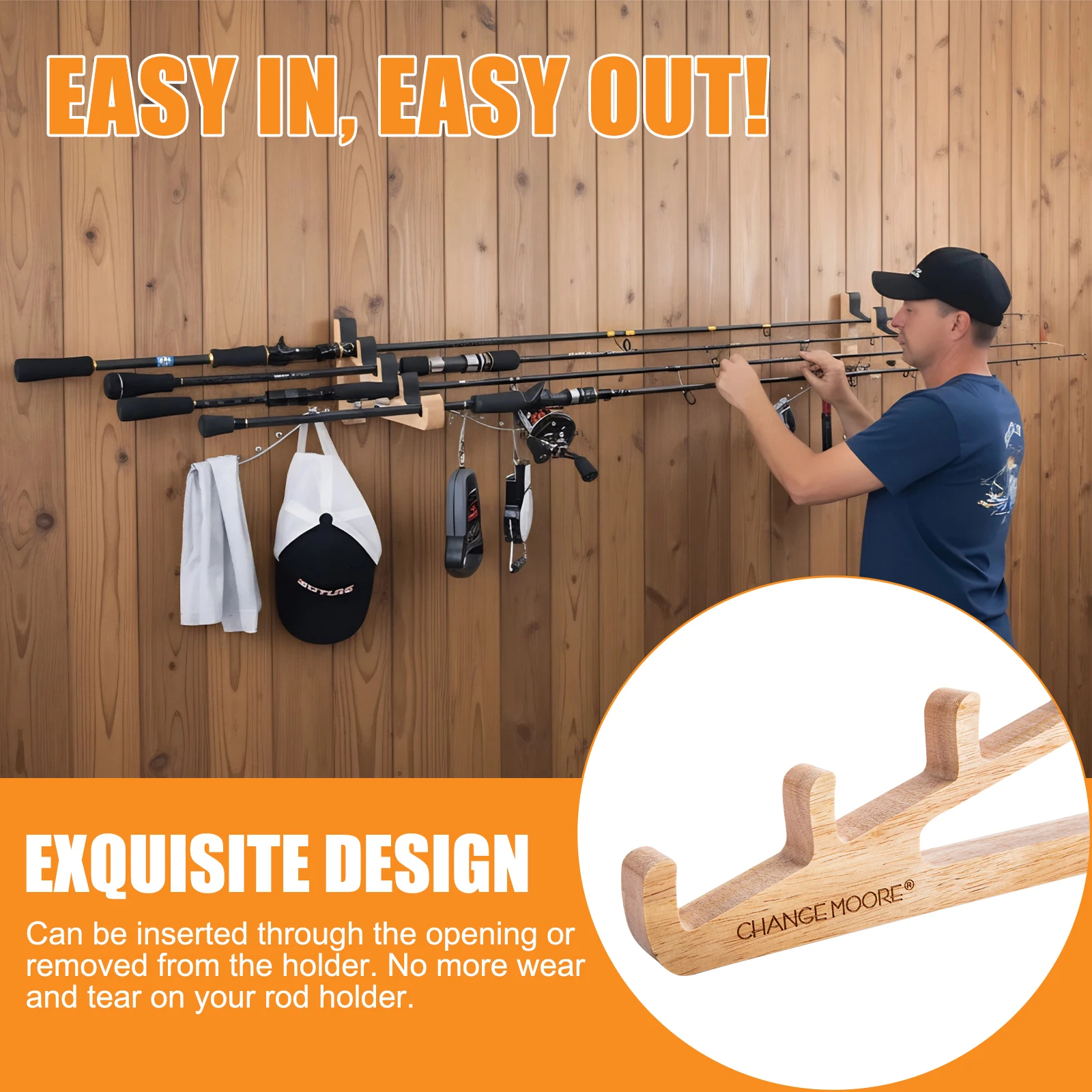 Goture Organizador de caña de pescar Juego de estantes de madera maciza, montaje fácil que ahorra espacio montado en la pared, para marco fijo de exhibición de almacenamiento de caña