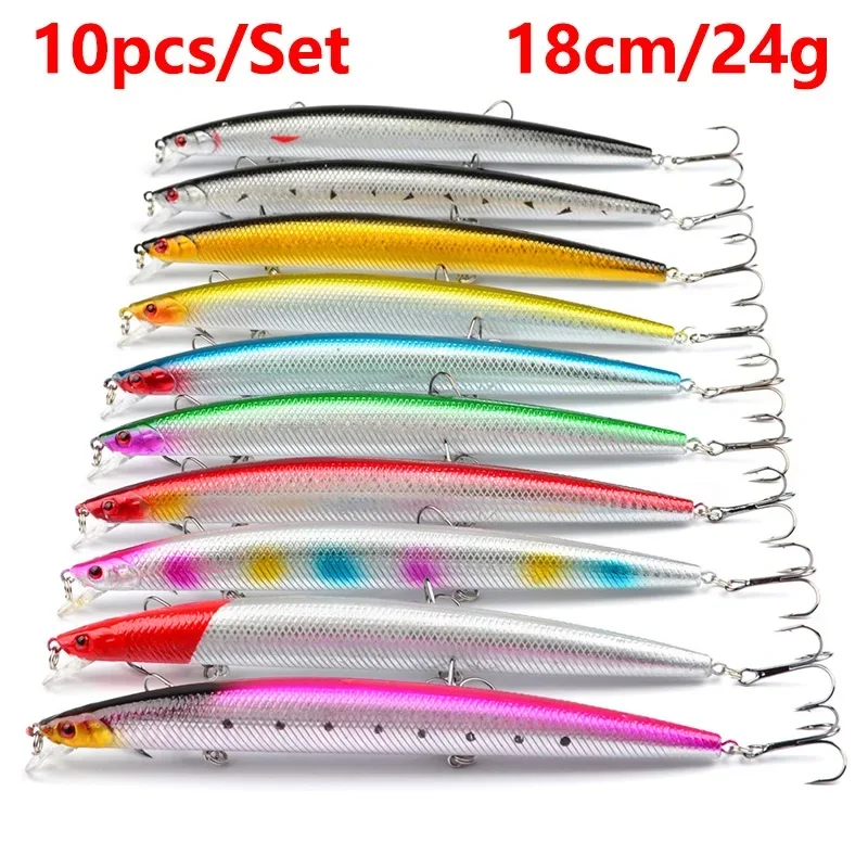 Juego de señuelos de pesca de colores mezclados, 10 Uds., 18cm, 24g, Trolling Minnow Wobblers, cebo duro Artificial con 2 # Anzuelos Aparejos de pesca marina - imagen 3