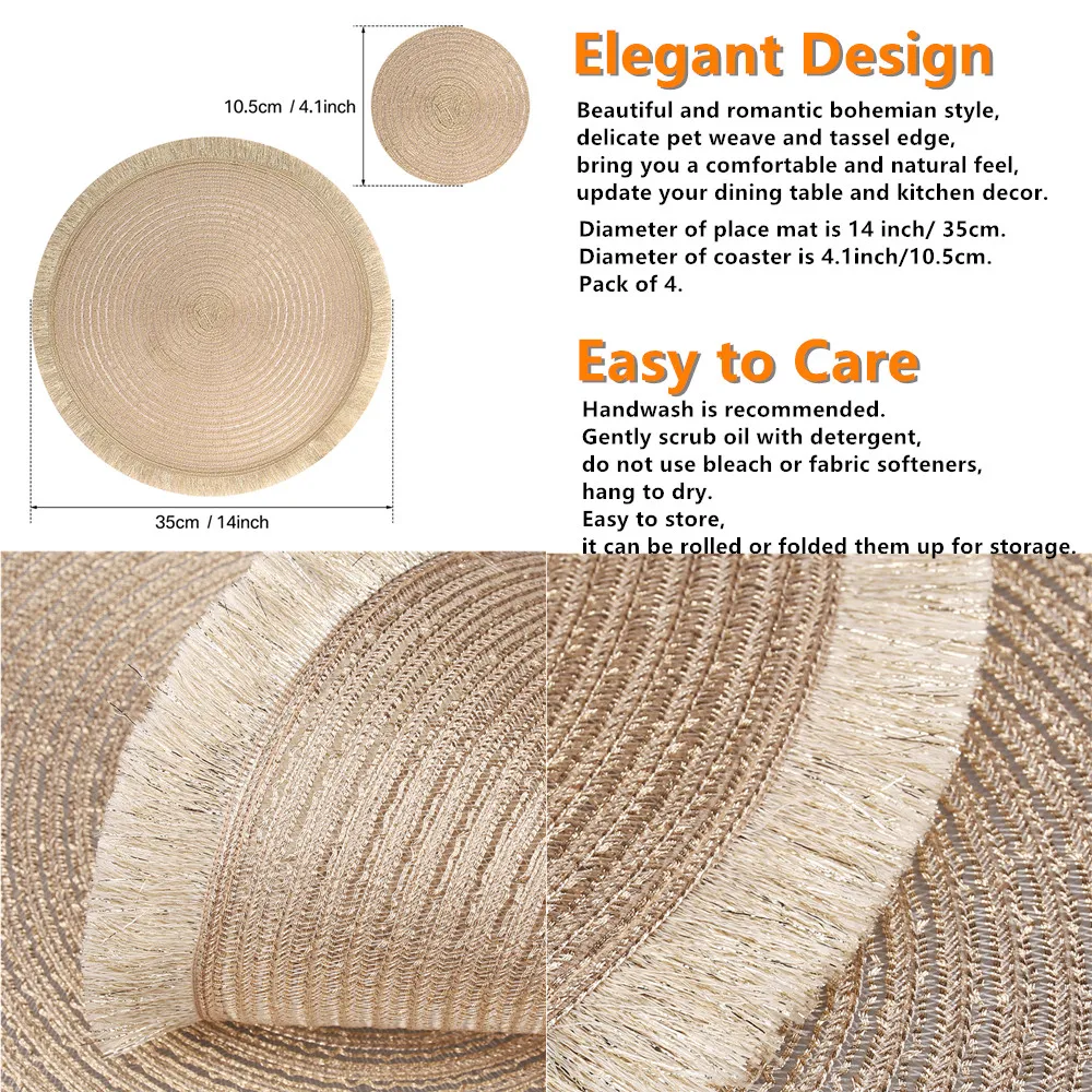 Juego de 4/12 manteles individuales redondos tejidos con mascotas, manteles individuales bohemios con borlas, manteles antideslizantes resistentes al calor para el hogar, boda, cocina - imagen 2