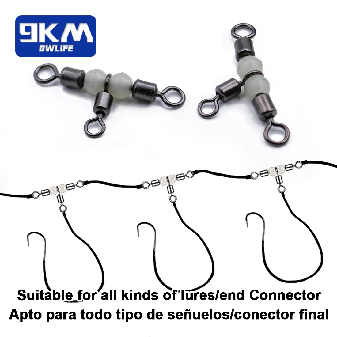 Giratorios de 3 vías, 15 ~ 60 uds., aparejos giratorios de pesca de tres vías, barril de pesca de agua salada, conector de sedal giratorio con cuentas brillantes - imagen 5