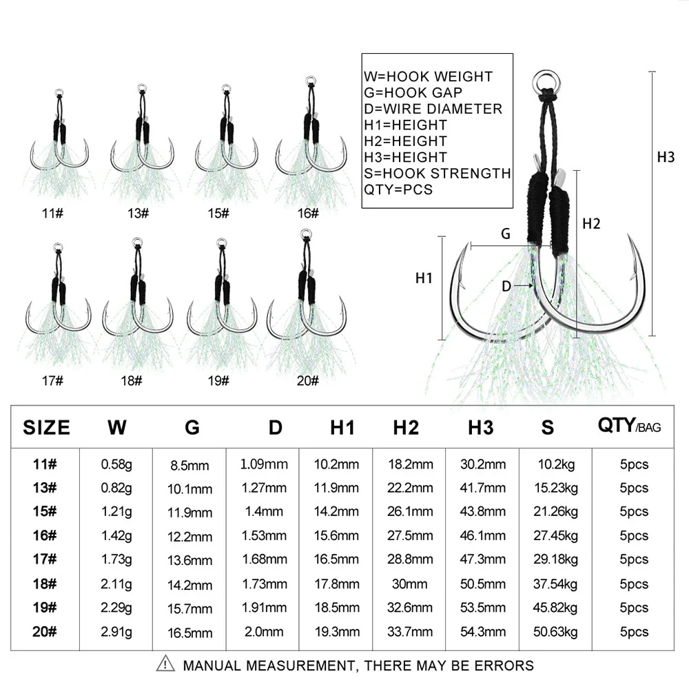 5 par/bolsa anzuelo de pesca 11 # -20 #   Anzuelos de asistencia, anzuelo con hilo, pluma luminosa, doble par, anzuelo de púas, anzuelo de pesca de mar - imagen 5