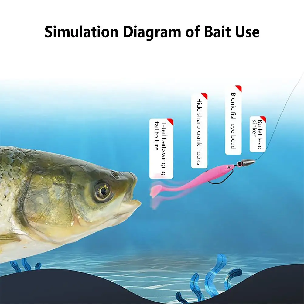 Juego de anzuelos de pesca de 50 piezas, cebo suave de cola en T, anzuelo de manivela de fundición larga, accesorios de pesca para agua salada y agua dulce - imagen 2