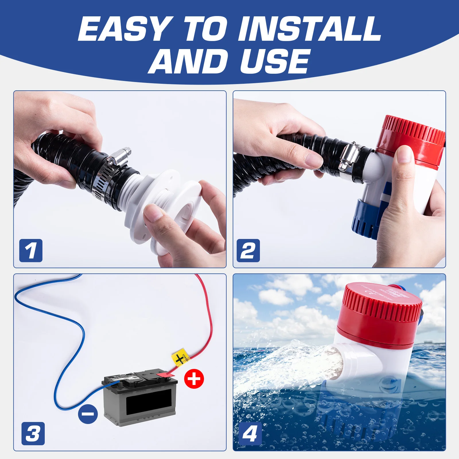 Bomba de sentina Goture 1100GPH, bomba de agua de sentina eléctrica de 12V para barco, Kit de plomería de bomba de sentina marina de poco ruido de 1-1/8 pulgadas con drenaje - imagen 5