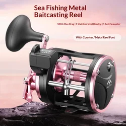 Rueda de tambor de mano derecha, carrete de linecounter de mar para barco con contador de línea incorporado, carrete de pesca súper ligero para señuelos de agua salada