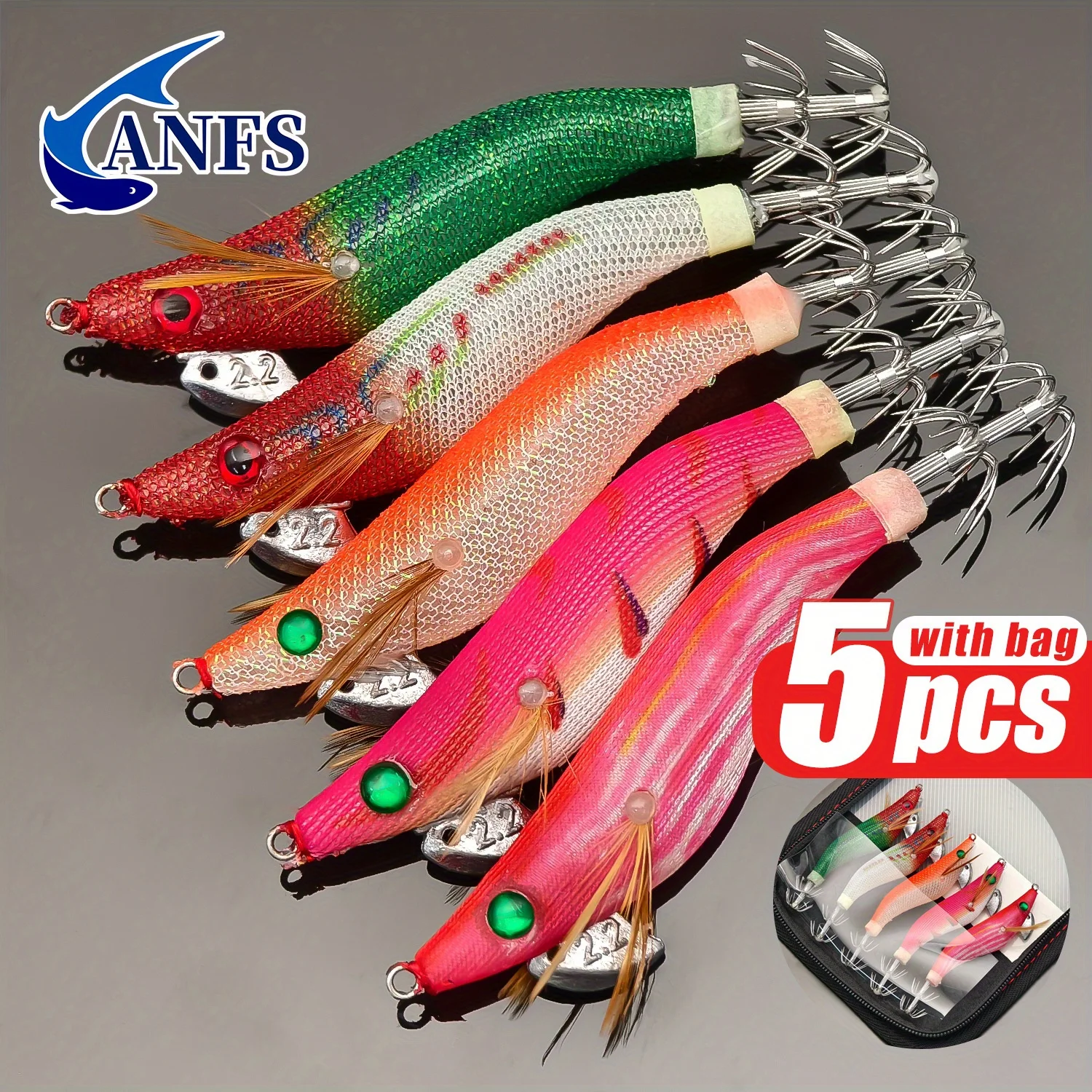 ANFS 5 plantillas de calamar con bolsa de almacenamiento: cebo luminoso con anzuelo de calamar para pesca en el mar, increíble regalo de pesca para pescador - imagen 2