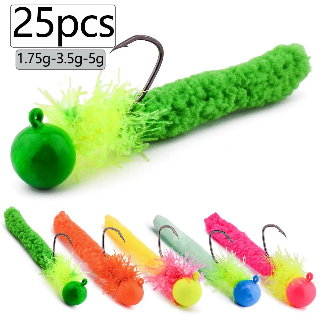 25pcs Crappie Jigs Jig Heads with Feather Hand-Tied Marabou Jigs 1.75g 3.5g 5g Fishing Hair Jigs for Ice Fly Fishing Lures