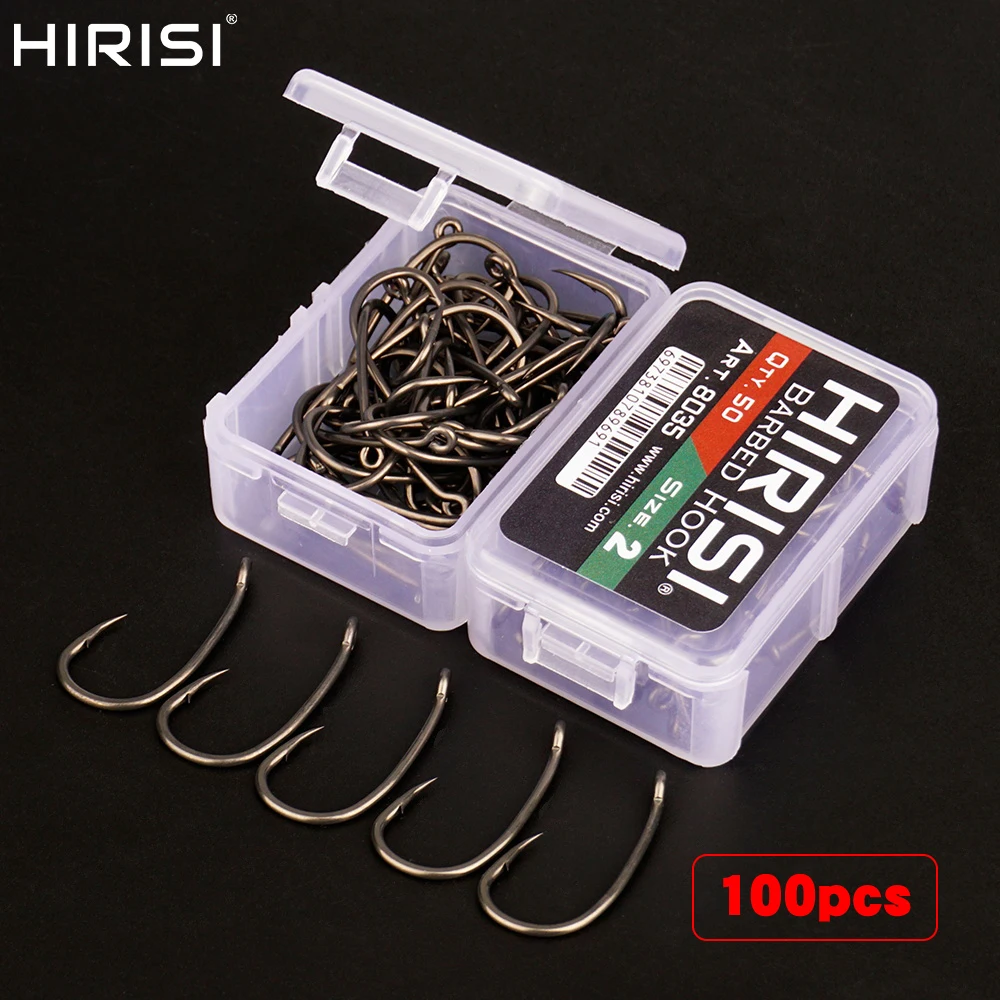 Hirisi 100 Uds PTFE recubierto de acero inoxidable con alto contenido de carbono Micro anzuelo de púas con ojo con caja empalmable 8035 herramienta de pesca