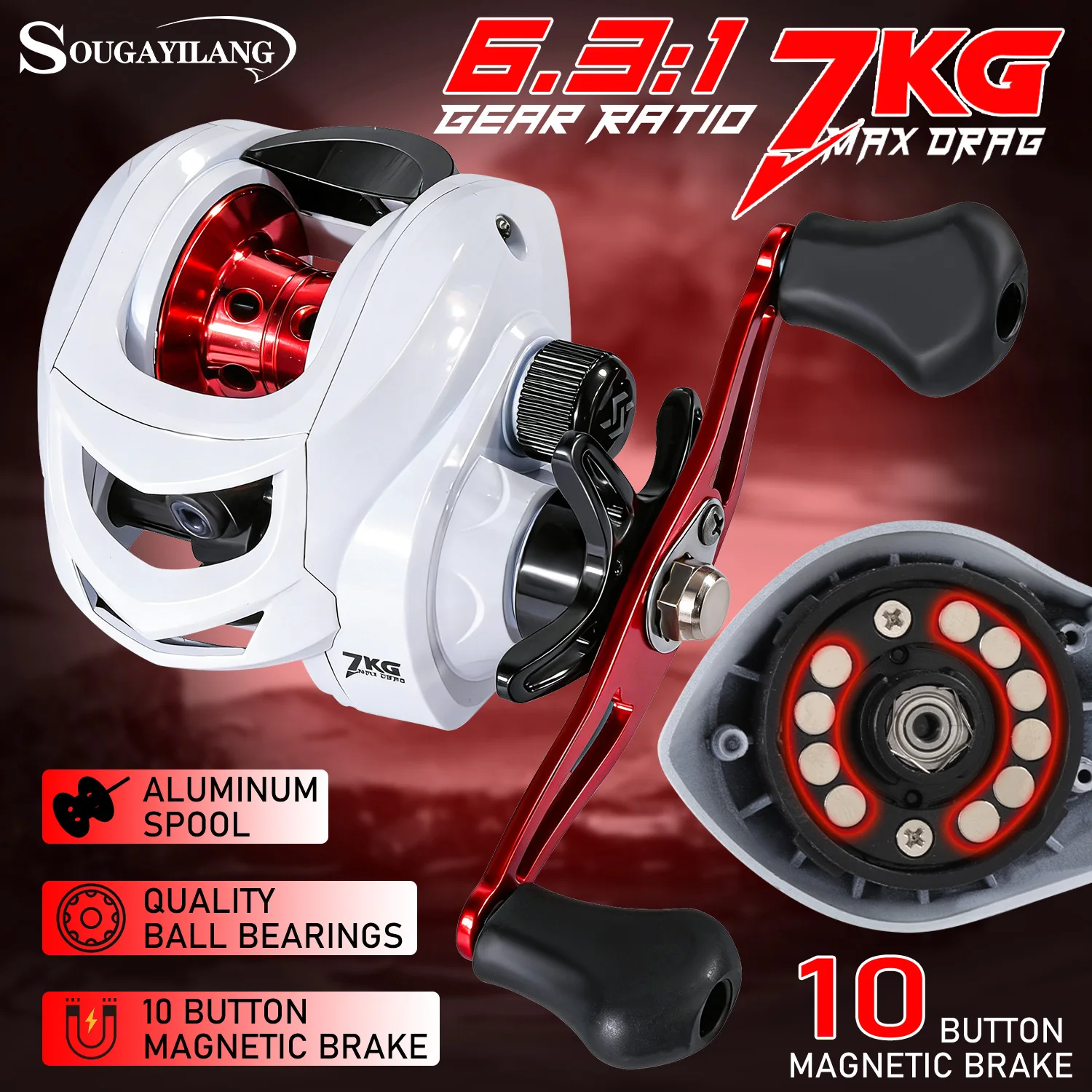 Carrete Baitcasting Sougayilang Bobina Aluminio para Lubina Agua Dulce