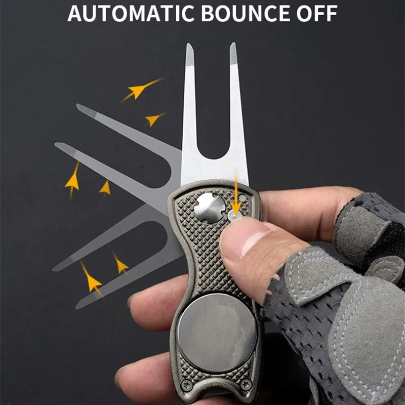 Herramienta de reparación de Divot de Golf, limpiador de ranuras de paso, horquilla con marcador de Golf, herramientas de restauración de césped plegables - imagen 2