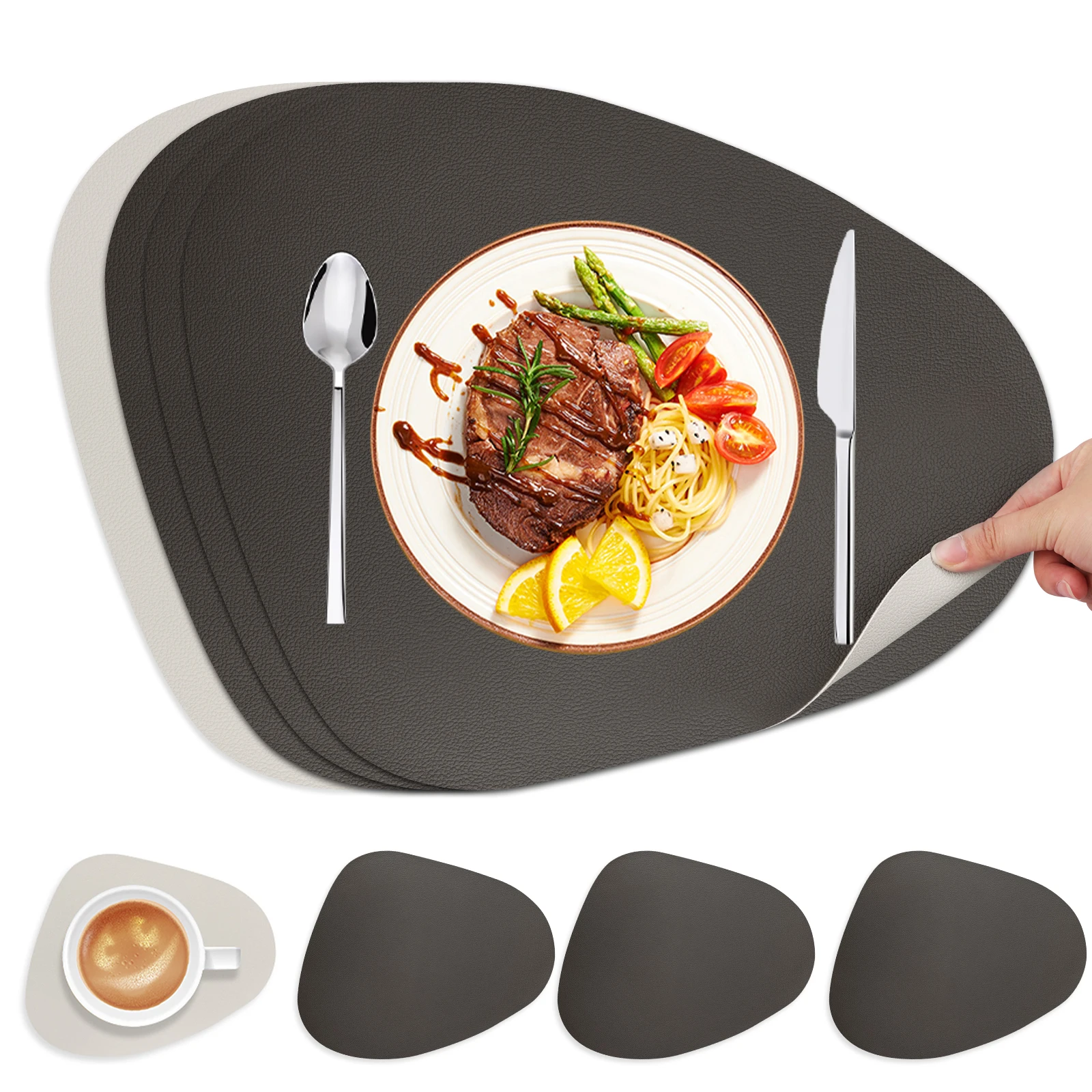 Manteles Individuales impermeables de doble cara de PU y posavasos, manteles individuales de cuero para cocina, manteles individuales lavables antideslizantes, decoración de mesa - imagen 2