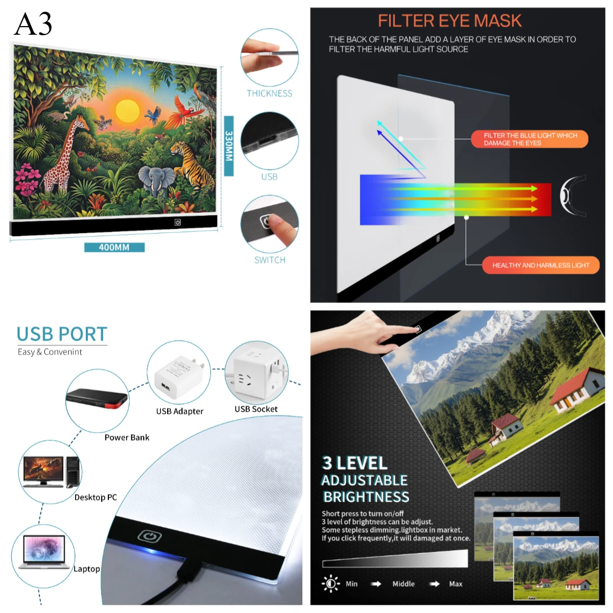 Almohadilla de luz Led regulable de 3 niveles A3/A4, tablero de dibujo, caja de luz de rastreo, protección ocular más fácil para pintura de diamantes, punto de cruz - imagen 4