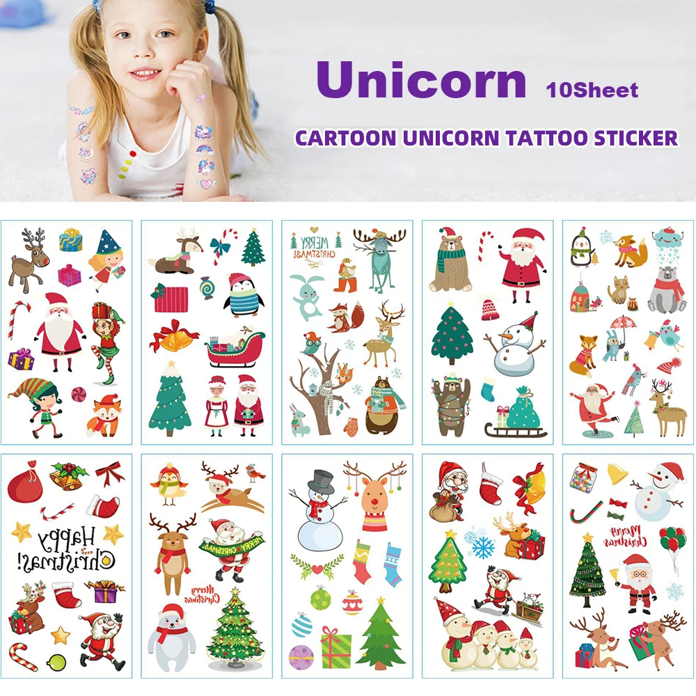 10 hojas de tatuaje infantil para el día de Navidad, tatuaje temporal falso para niños, tatuaje para niña, brazo, manos, cuerpo, tatuajes impermeables para niños - imagen 3