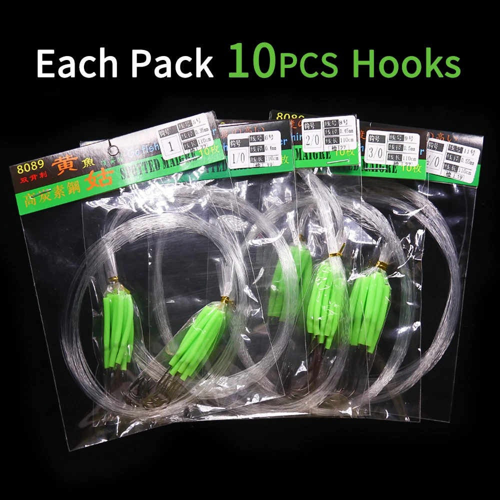 Ellllv-anzuelo de alambre fino de caña larga, preatado aparejo de pesca de nailon, anzuelo antimordedura, para agua salada, 10 piezas, 1 # - 4/0 - imagen 2