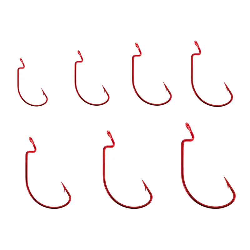 Anzuelo de gusano para pesca Texas Rig, cebo blando, anzuelos de manivela de acero de alto carbono, Color rojo y gris, lote de 10 piezas, venta - imagen 4