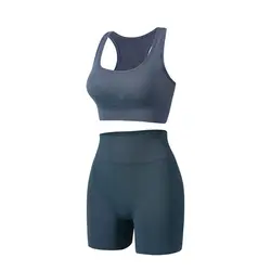 Conjuntos de entrenamiento informales sin costuras de 2 piezas, conjuntos de camisetas sin mangas de Yoga acanaladas cortas de cintura alta, mallas, Sujetador deportivo, conjunto de ropa deportiva de verano