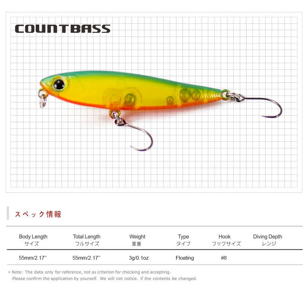 COUNTBASS Wobbler Topwater 55mm 2-3/16" 3g 1/8 oz. Señuelo flotante con tapón de lápiz, Señuelos de pesca para pescadores, La Peche Au Leurre Hardbaits - imagen 2