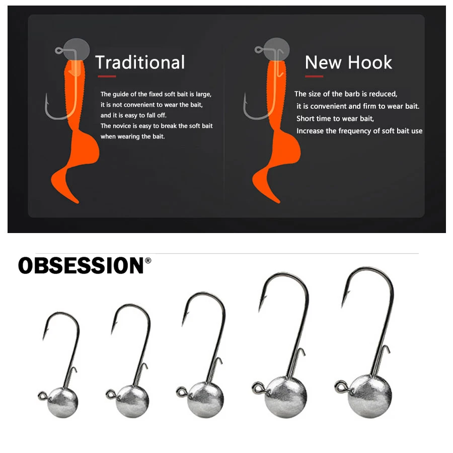 OBSESSION W001-A 10 unids/bolsa anzuelo con cabeza de anzuelo de agua salada 1,7g 2,5g 3,5g 5g 7g 10g 14g anzuelo de pesca con diseño de señuelo suave antipérdida - imagen 5
