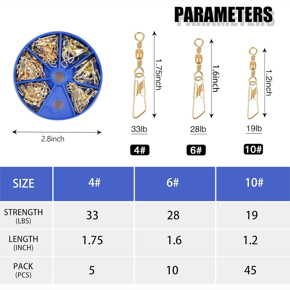 Barril de pesca de 60 piezas con broches de seguridad, conector rápido de pesca dorado, señuelo, accesorios de aparejos de pesca - imagen 2