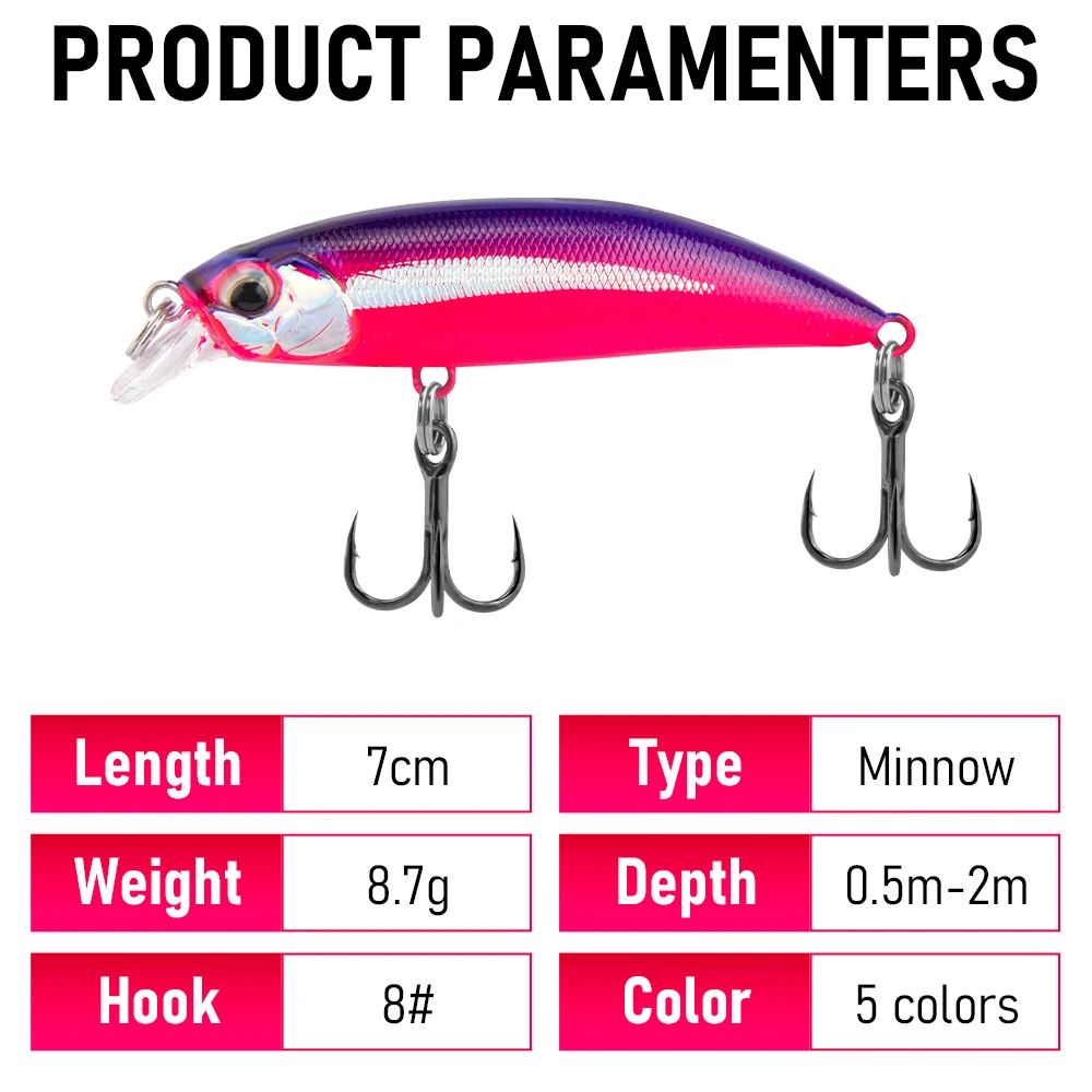 Señuelo de pesca de 7cm/8,7g, pececillo que se hunde con anzuelo triple, cebo duro Wobbler, Crankbait para pesca en agua salada, mar, lubina, trucha - imagen 2