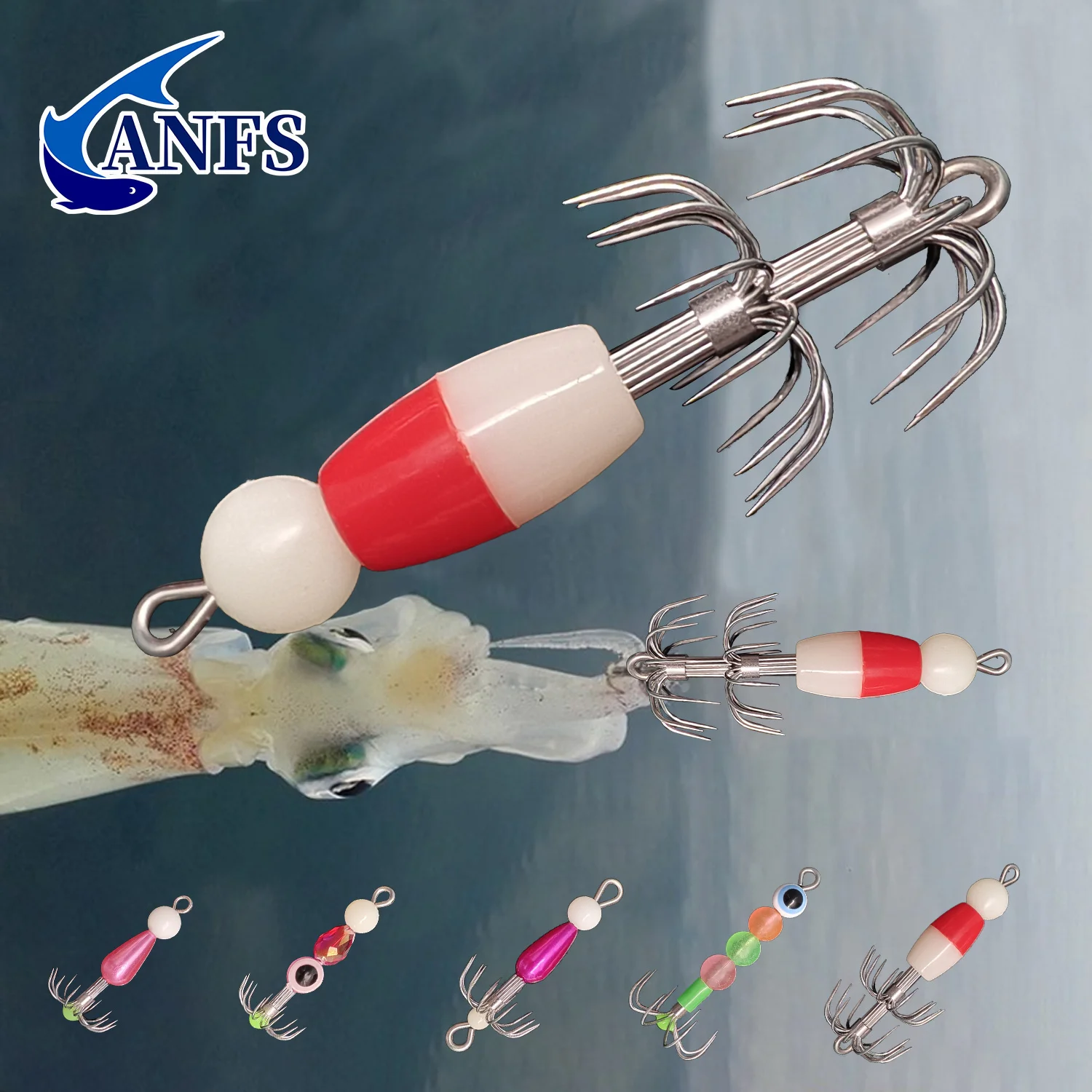 ANFS 2 uds/5 uds Kit de anzuelos de calamar brillantes, plantillas de calamar luminosas, señuelo de pesca, manga de sepia, cebos artificiales con caja de aparejos - imagen 2