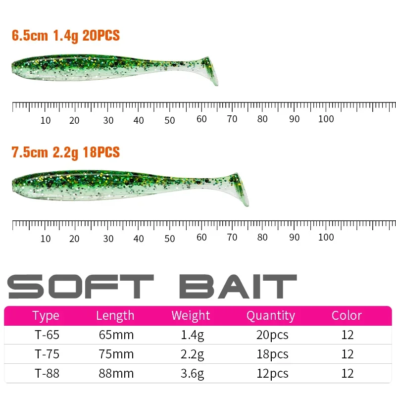 TSUIRNOYA 2,17 "2.56" 2,95 "3,46" cola en T señuelo de pesca suave Wobblers carpa silicona Artificial cebos de doble Color señuelo de lubina - imagen 2